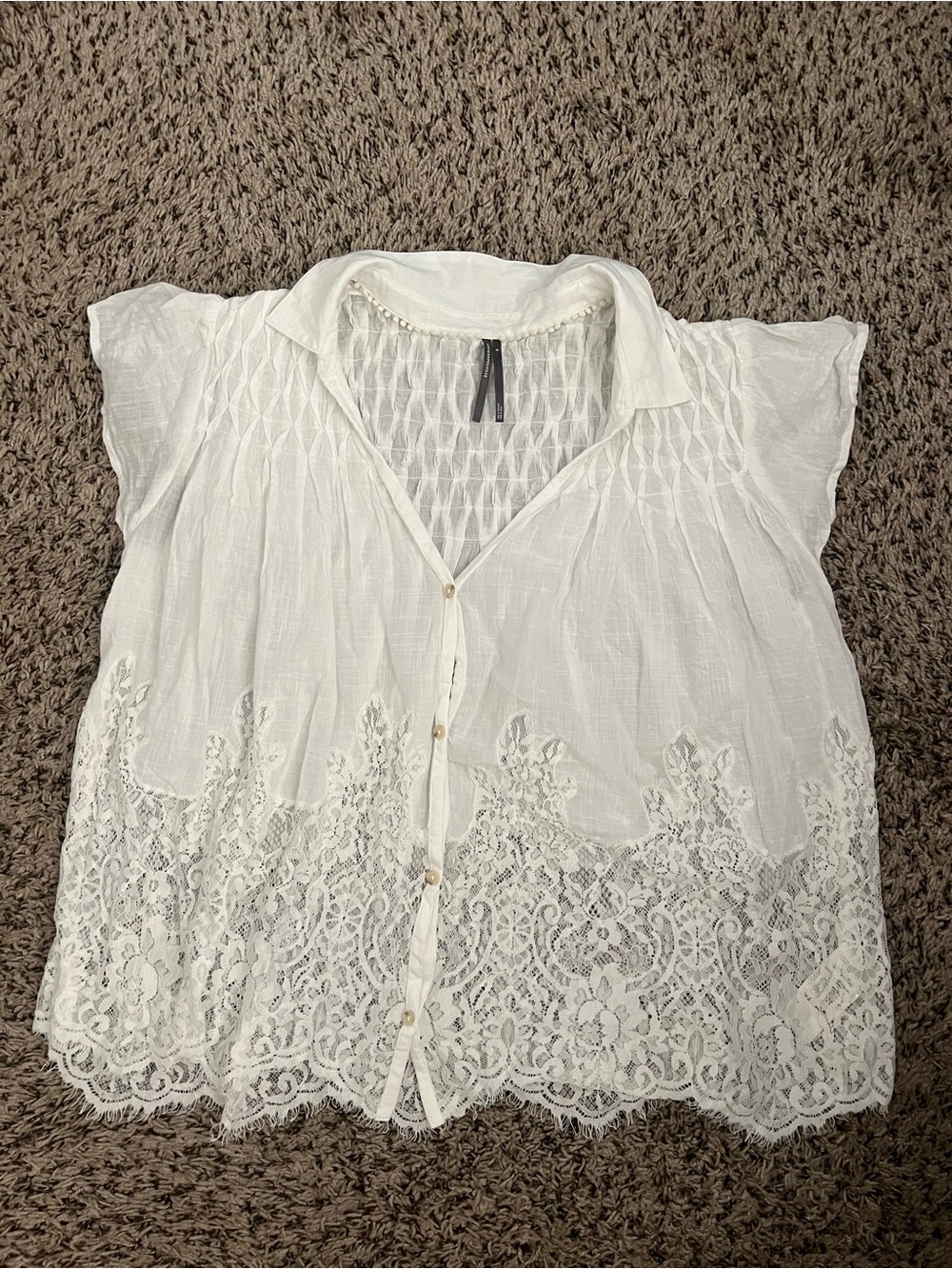 Anthropologie White Lace-Trim Button Front Blouse